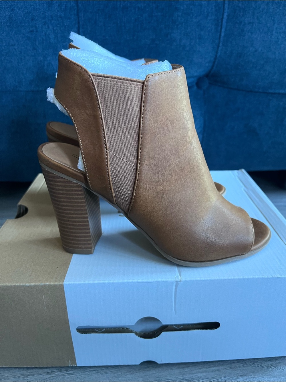 Call It Spring Tan Peep-Toe Stacked Heel Mules - Picture 4 of 10